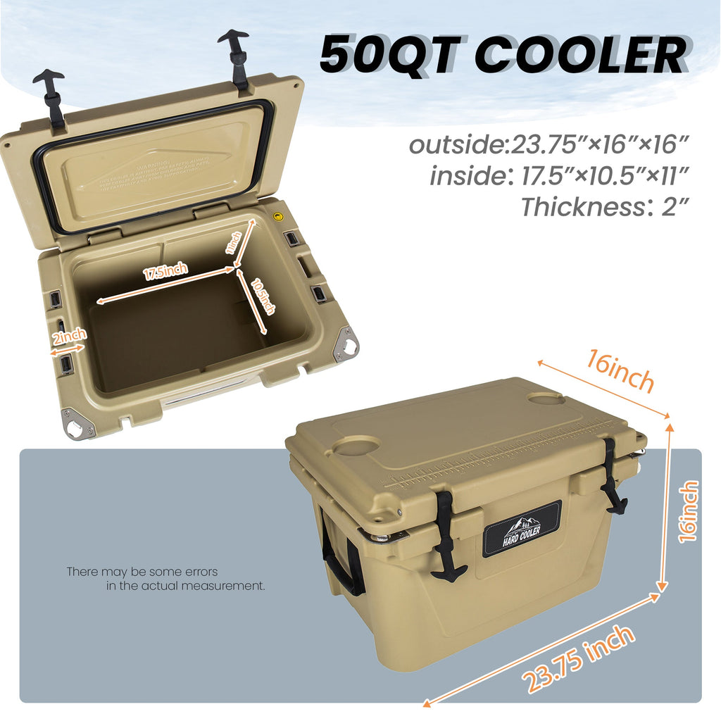 50 Quart Khaki Cooler, Ultra-Light Insulated Ice Chest